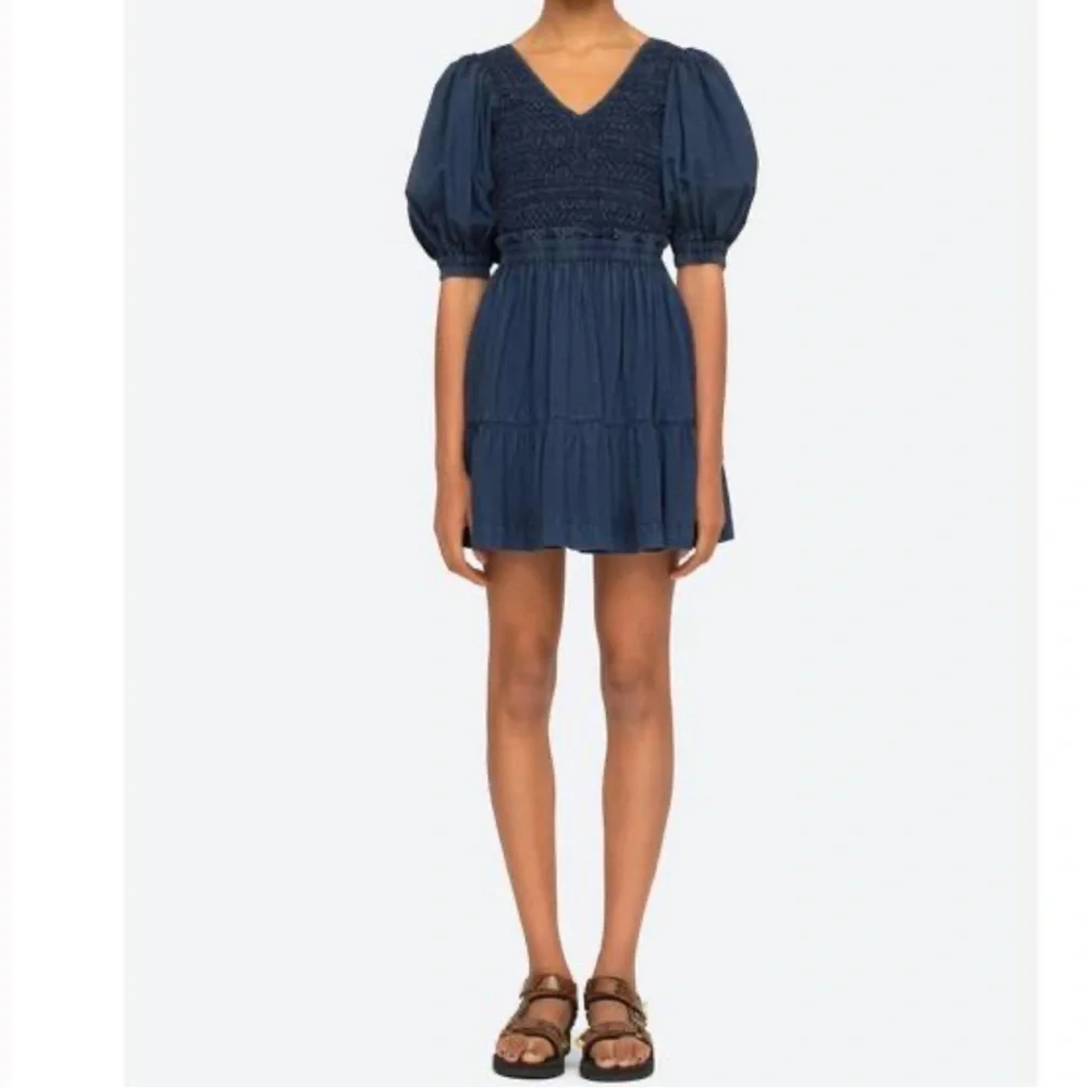SEA NEW YORK New York Navy Blue Smocked Mini Dress Puff Sleeve 100% Cotton‎ Sz 8
